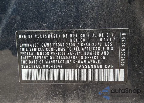 2017 Volkswagen Golf Tsi S 4-Door/Tsi Se 4-Door/Tsi Sel 4-Door/Tsi Wolfsburg Edition 4-Door из США, поврежденный, VIN 3VW217AU7HM041067